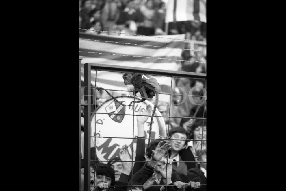 Varios aficionados alientan al Huesca durante un partido de finales de los años 70. La curiosa instantánea muestra un mono con lo que parece ser la equipación del conjunto oscense | Archivo Heraldo