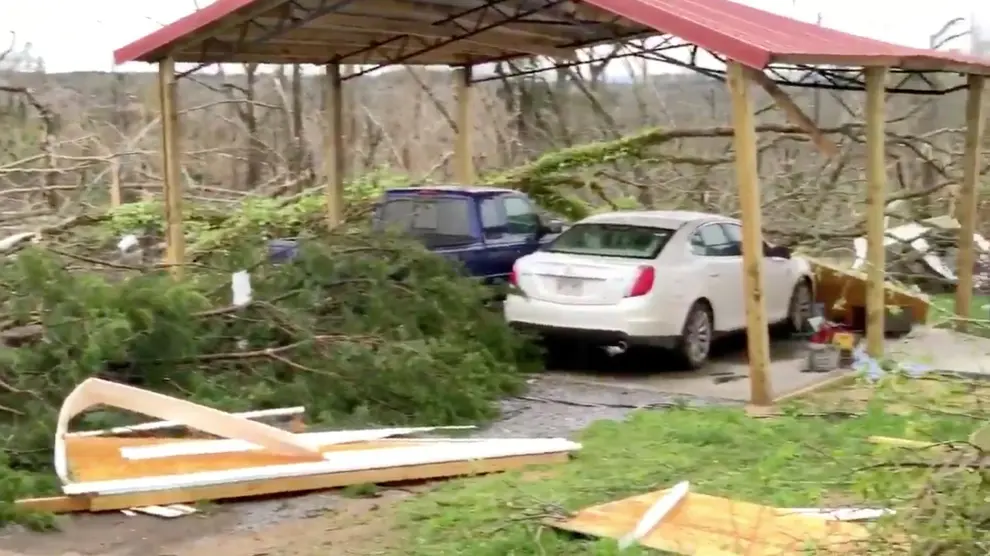 Damaged trees seen following a tornado in Beauregard, Alabama, U.S. in this March 3, 2019 still image obtained from social media video. SCOTT FILLMER /via REUTERS ATTENTION EDITORS - THIS IMAGE HAS BEEN SUPPLIED BY A THIRD PARTY. MANDATORY CREDIT. NO RESALES. NO ARCHIVES. MUST CREDIT SCOTT FILLMER. TV MUST ON SCREEN COURTESY SCOTT FILLMER. [[[REUTERS VOCENTO]]]