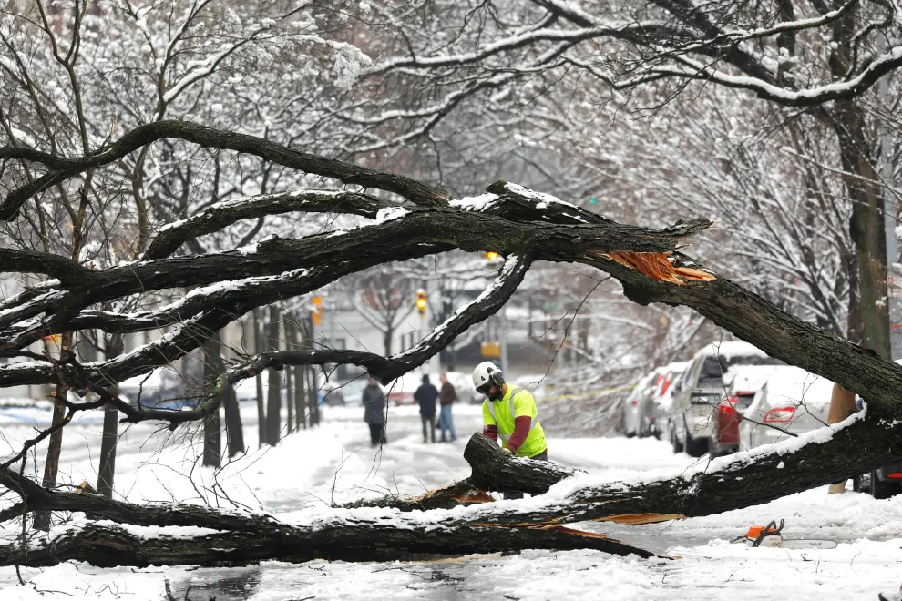 A worker cuts away a tree that fell across Riverside Drive during a snow storm in upper Manhattan in New York City, New York, March 4, 2019. REUTERS/Mike Segar [[[REUTERS VOCENTO]]] USA-WEATHER/