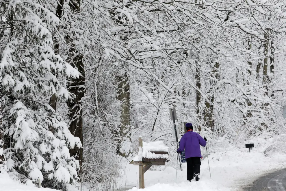 A woman makes her way through the snow on cross country skis during a winter storm in Pallisades, New York March 4, 2019. REUTERS/Mike Segar [[[REUTERS VOCENTO]]] USA-WEATHER/