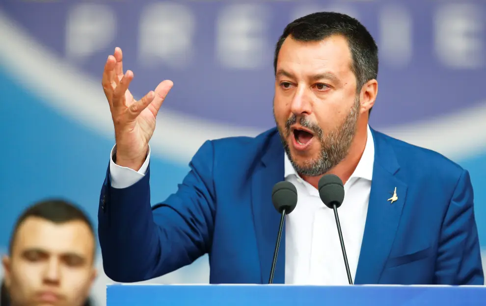 Italy's Deputy Prime Minister Matteo Salvini addresses a major rally of European nationalist and far-right parties ahead of EU parliamentary elections in Milan, Italy May 18, 2019. REUTERS/Alessandro Garofalo [[[REUTERS VOCENTO]]] EU-ELECTION/ITALY-SALVINI