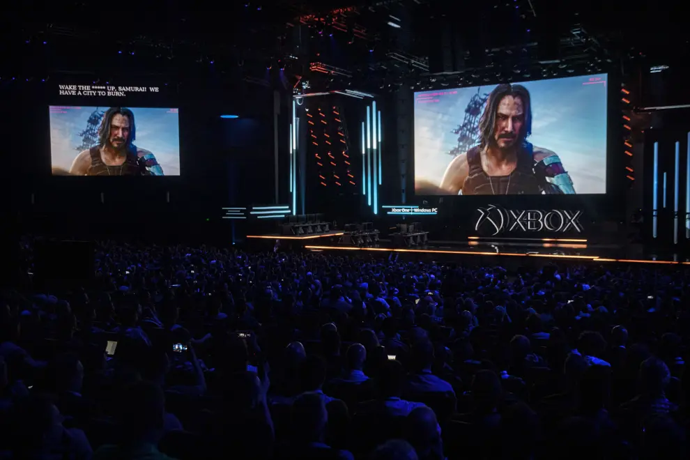 Los Angeles (United States), 09/06/2019.- Canadian-American actor Keanu Reeves appears on stage to present to the new game franchise 'Cyberpunk 2077' during the Microsoft Microsoft Xbox 2019 Briefing at the Microsoft Theater in Los Angeles, California, USA, 09 June 2019. This event occured ahead of the Electronic Entertainment Expo (E3) which runs from 11 to 13 June 2019. (Estados Unidos) EFE/EPA/ETIENNE LAURENT Microsoft XBox 2019 briefing in Los Angeles