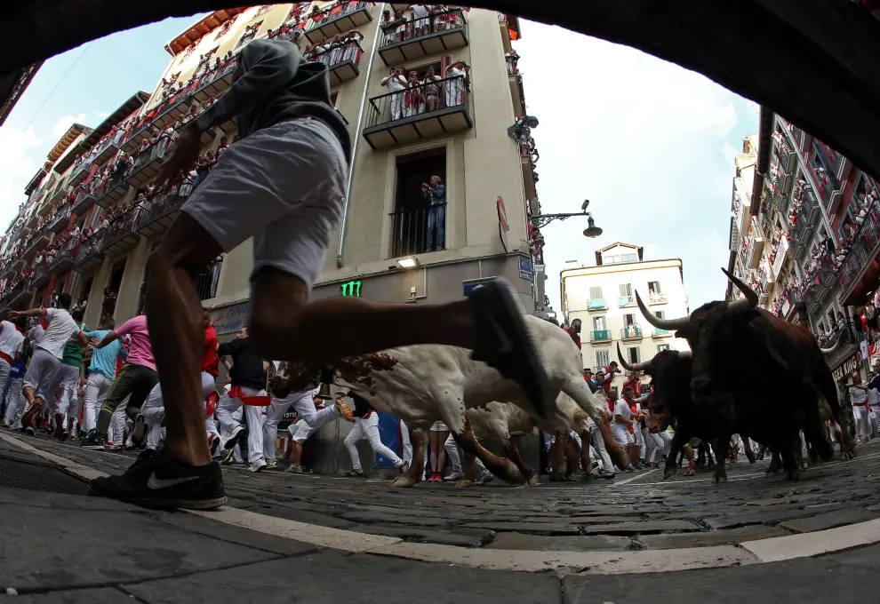Revellers sprint in front of bulls and steers during the second running of the bulls at the San Fermin festival in Pamplona, Spain, July 8, 2019. REUTERS/Jon Nazca [[[REUTERS VOCENTO]]] SPAIN-CULTURE/BULLS