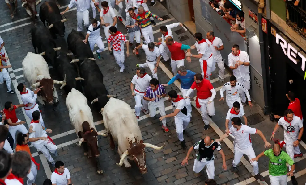 Revellers sprint near bulls and steers during the running of the bulls at the San Fermin festival in Pamplona, Spain, July 10, 2019. REUTERS/Susana Vera [[[REUTERS VOCENTO]]] SPAIN-CULTURE/BULLS