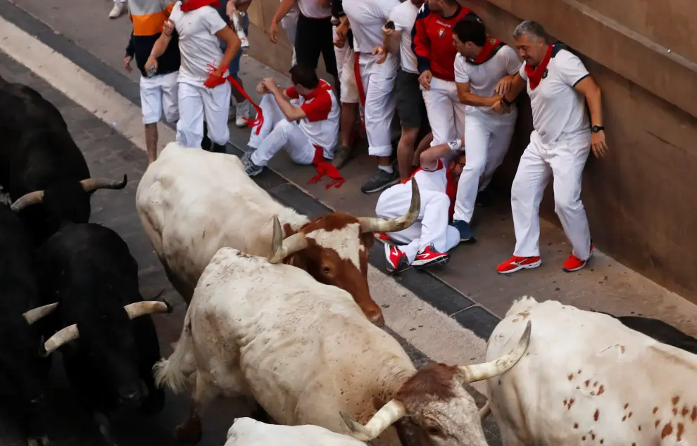 Revellers sprint near bulls and steers during the running of the bulls at the San Fermin festival in Pamplona, Spain, July 11, 2019. REUTERS/Susana Vera [[[REUTERS VOCENTO]]] SPAIN-CULTURE/BULLS