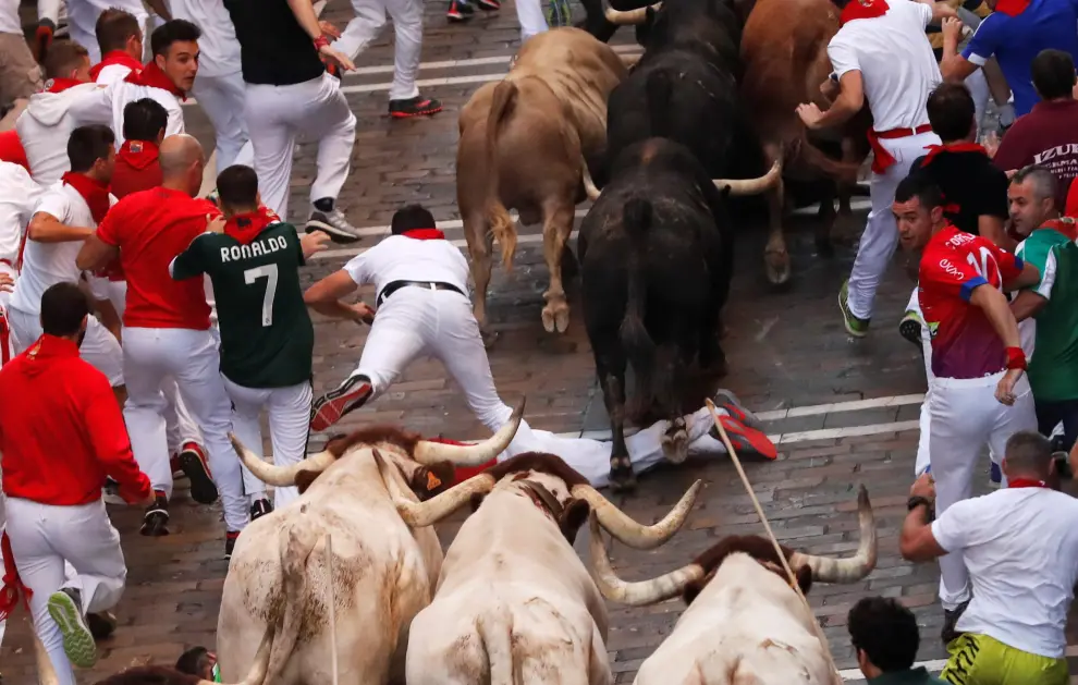 A runner falls near bulls and steers during the running of the bulls at the San Fermin festival in Pamplona, Spain, July 12, 2019. REUTERS/Susana Vera [[[REUTERS VOCENTO]]] SPAIN-CULTURE/BULLS