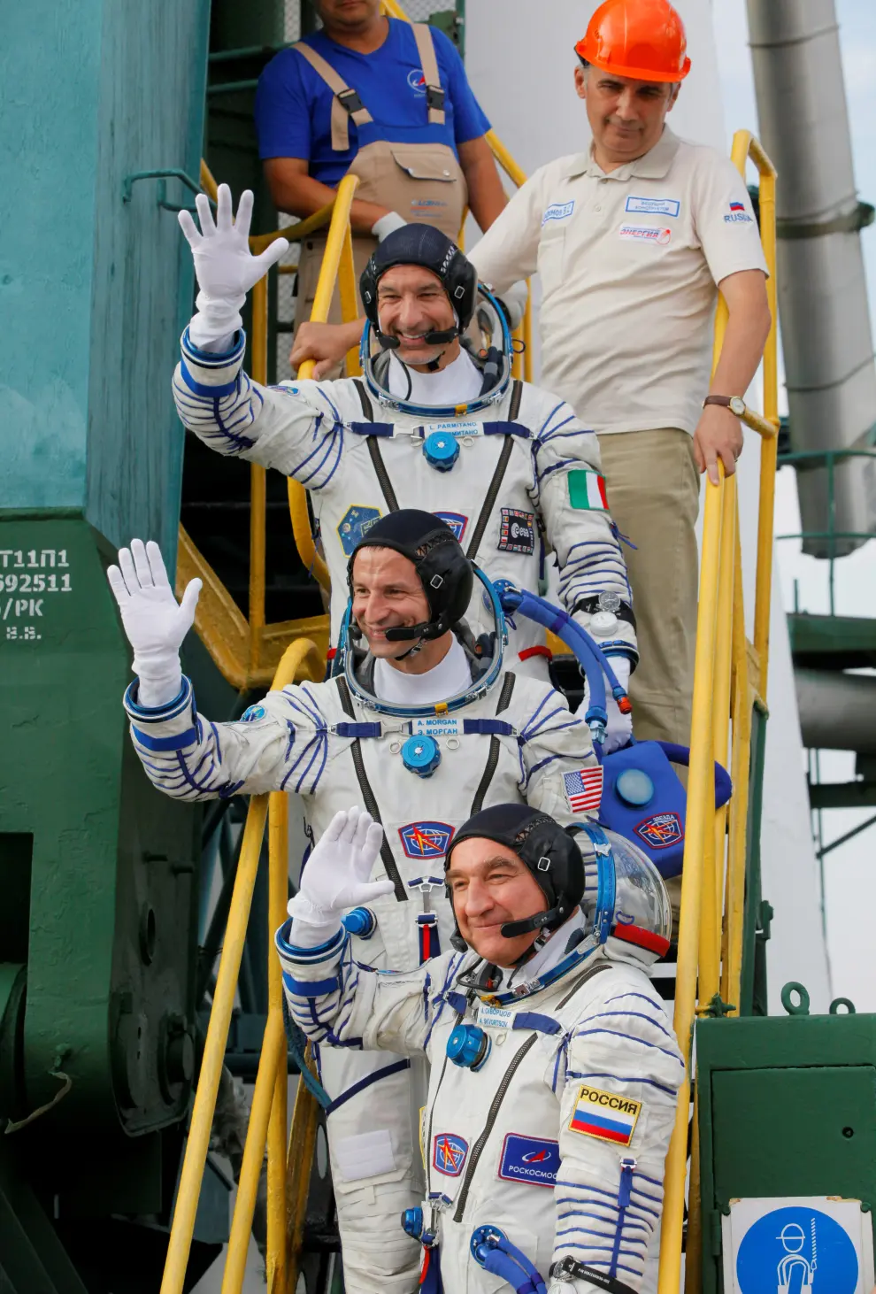 Los astronautas Andrew Morgan, Alexander Skvortsov, Luca Parmitano.