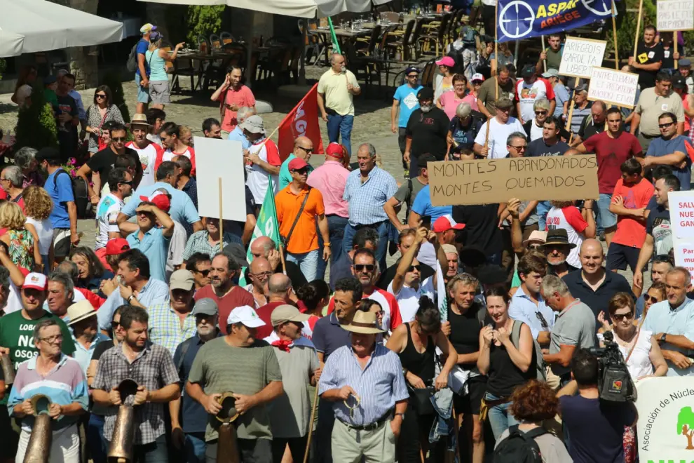La multitudinaria protesta ha partido de la rotonda de entrada a Aínsa para dirigirse a la plaza Mayor.