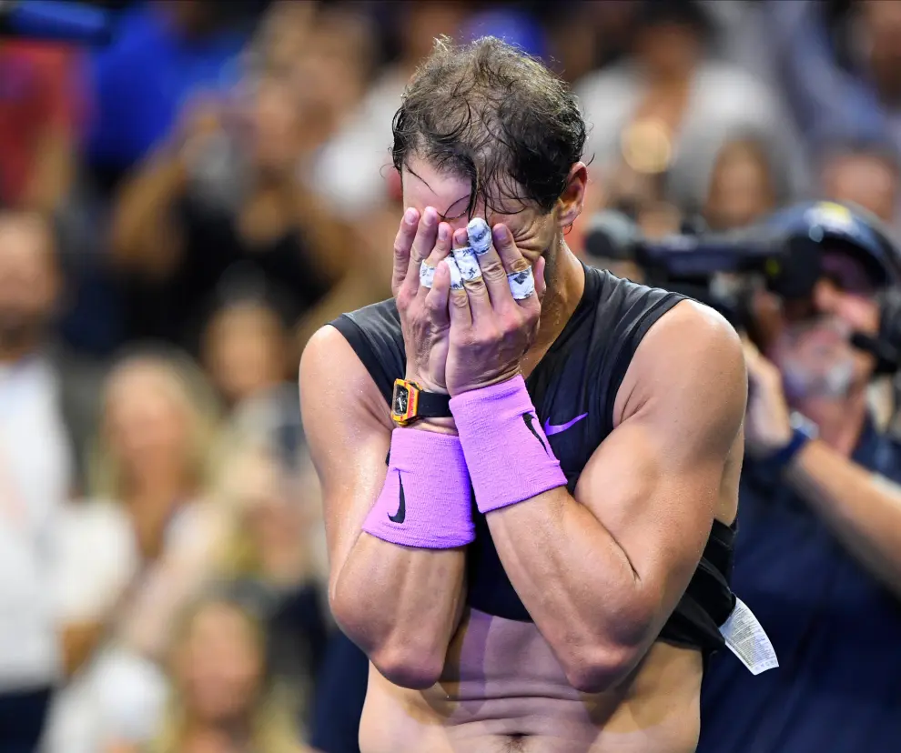 Sep 8, 2019; Flushing, NY, USA; Rafael Nadal of Spain celebrates match point against Daniil Medvedev of Russia in the men's singles final on day fourteen of the 2019 US Open tennis tournament at USTA Billie Jean King National Tennis Center. Mandatory Credit: Danielle Parhizkaran-USA TODAY Sports [[[REUTERS VOCENTO]]] TENNIS/