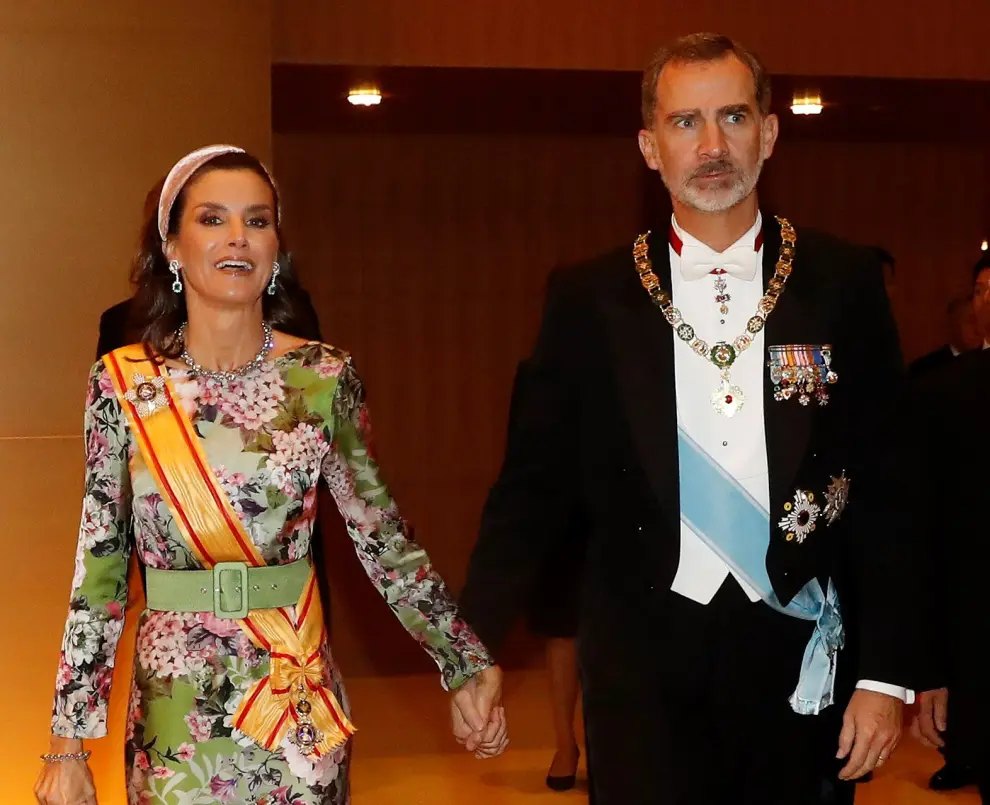 King Felipe of Spain and his wife Queen Letizia arrive at the Imperial Palace for the Court Banquets after the Ceremony of the Enthronement of Emperor Naruhito in Tokyo, Japan October 22, 2019. Pierre Emmanuel Deletree/Pool via REUTERS [[[REUTERS VOCENTO]]] JAPAN-EMPEROR/ENTHRONEMENT-BANQUET