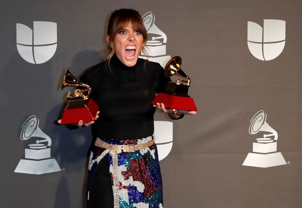 Las Vegas (United States), 15/11/2019.- Nella poses with the Best New Artist award in the press room during the 20th annual Latin Grammy Awards ceremony at the MGM Grand Garden Arena in Las Vegas, Nevada, USA, 14 November 2019. The Latin Grammys recognize artistic and/or technical achievement, not sales figures or chart positions, and the winners are determined by the votes of their peers - the qualified voting members of the Latin Recording Academy. (Estados Unidos) EFE/EPA/NINA PROMMER Press Room - 20th Latin Grammy Awards
