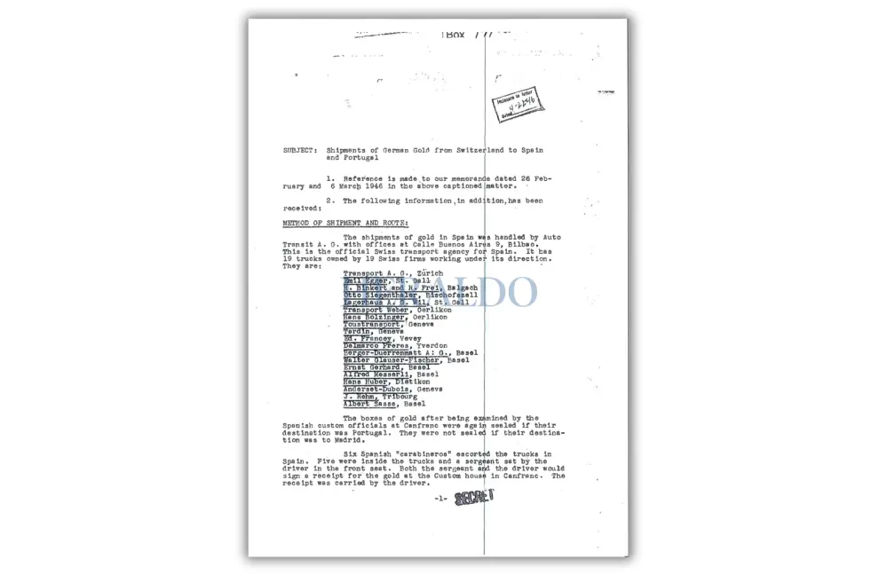 Documentos del Departamento de Guerra de Estados Unidos del oro nazi en Canfranc