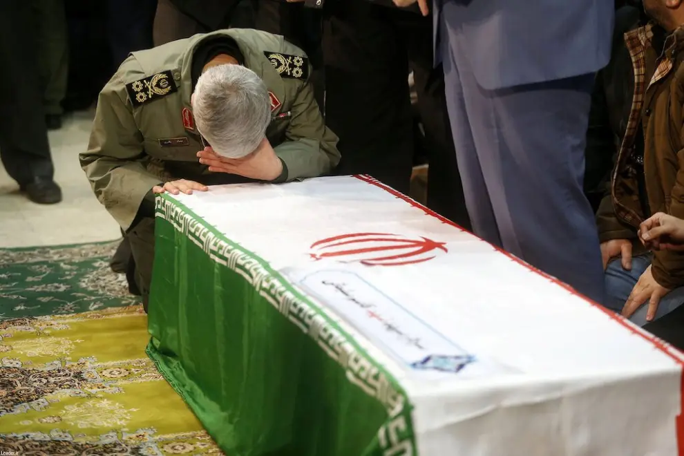Brigadier General Esmail Ghaani, the newly appointed commander of the country's Quds Force, reacts during the funeral prayer of the coffins of Iranian Major-General Qassem Soleimani, head of the elite Quds Force, and Iraqi militia commander Abu Mahdi al-Muhandis, who were killed in an air strike at Baghdad airport, in Tehran, Iran January 6, 2020. Official Khamenei website/Handout via REUTERS ATTENTION EDITORS - THIS IMAGE WAS PROVIDED BY A THIRD PARTY. NO RESALES. NO ARCHIVES [[[REUTERS VOCENTO]]]