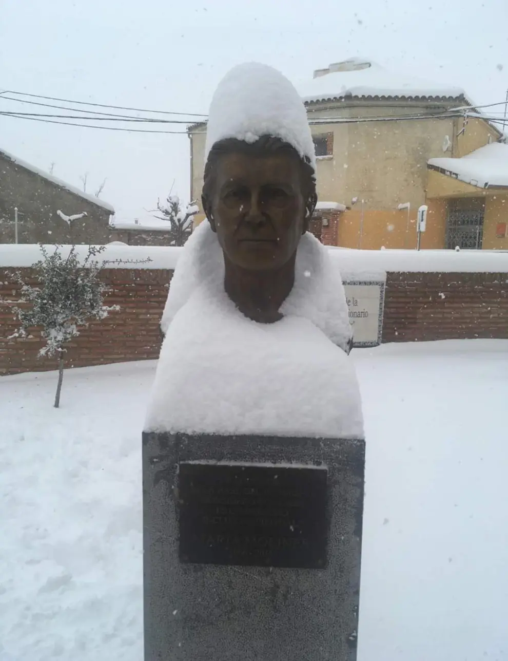 La nieve sirvió de original tocado al busto de María Moliner en su localidad natal, Paniza.