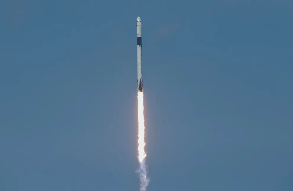 A SpaceX Falcon 9 rocket and Crew Dragon spacecraft carrying NASA astronauts Douglas Hurley and Robert Behnken lifts off during NASA's SpaceX Demo-2 mission to the International Space Station from NASA's Kennedy Space Center in Cape Canaveral