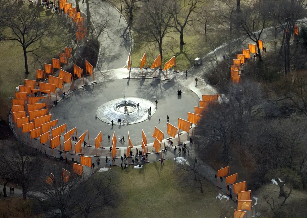 FILE PHOTO: Aerial view of artists Christo and Jeanne-Claude's "The Gates" project for Central Park in New York