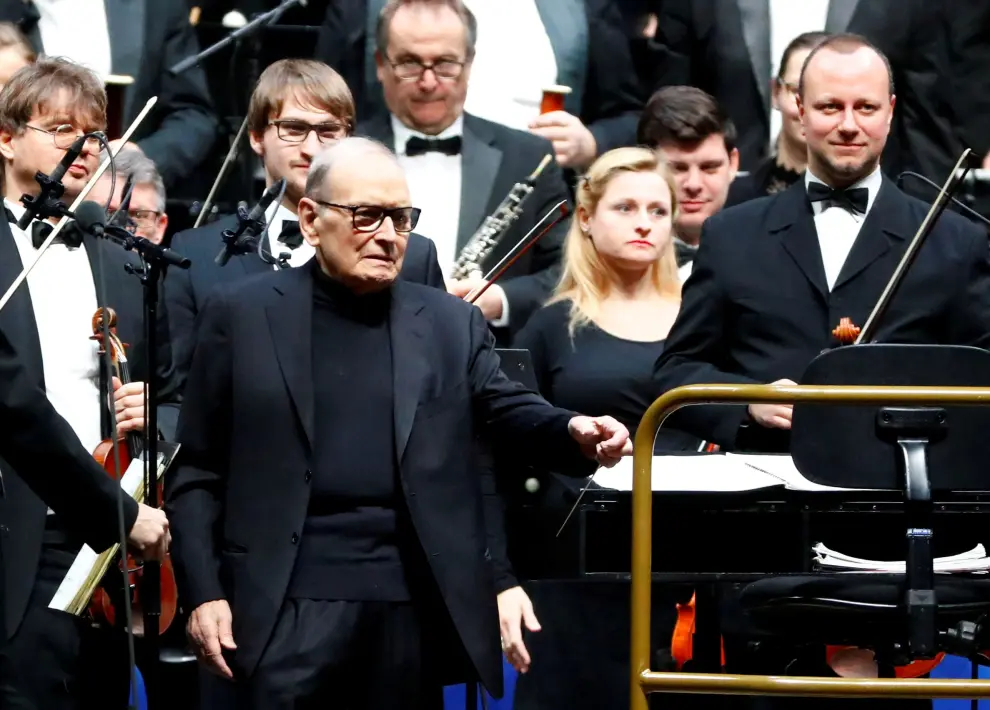 FILE PHOTO: Italian composer Ennio Morricone arrives to conduct a concert in Berlin