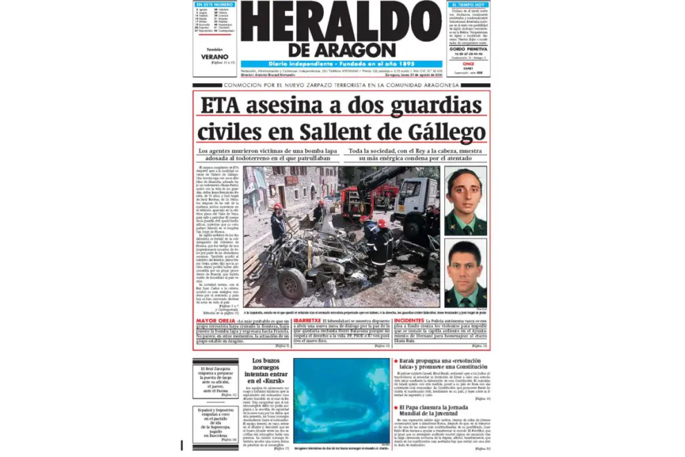 Portada del 21.08.2000. ETA asesina en Sallent de Gállego