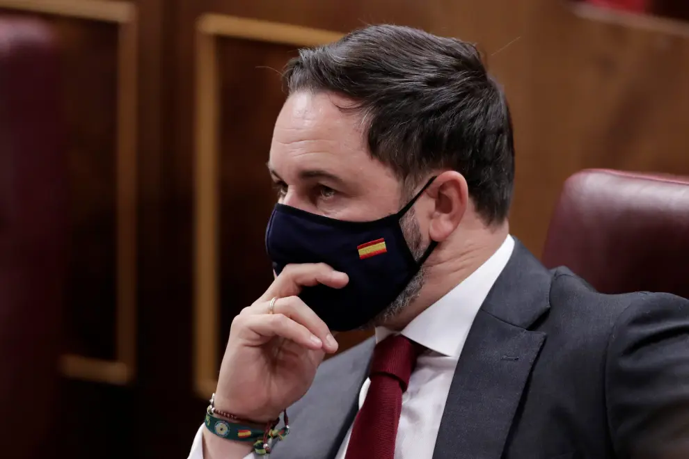 Abascal, leader of Spain's far-right party Vox, attends a session at Parliament in Madrid