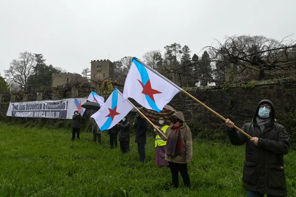 General view of Pazo de Meiras, former Spanish dictator Francisco Franco's summer palace, which is being handed over by Franco's heirs to the Spanish state in Sada, northwestern Spain, December 10, 2020. Banner reads, Give SPAIN-POLITICS/FRANCO-MEMORY