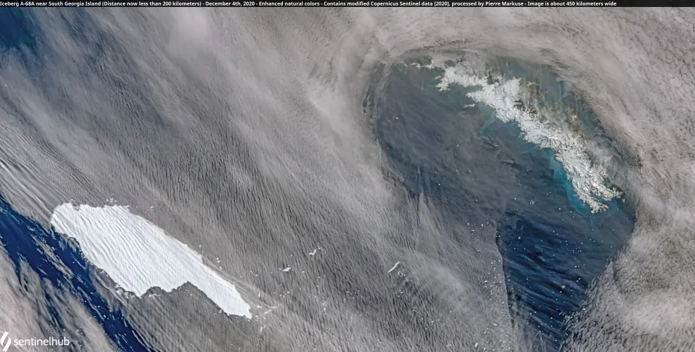 FILE PHOTO: Satellite image of A-68A iceberg approaching South Georgia island