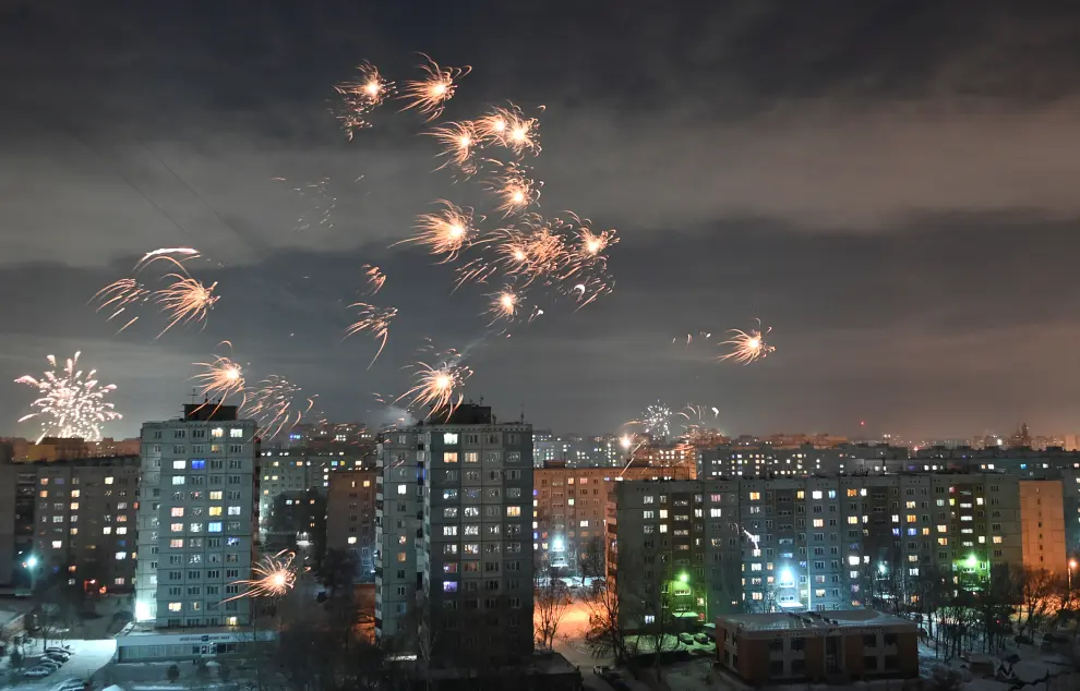 Celebración de Año Nuevo en Omsk, Rusia.