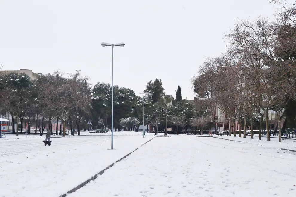 Nieve en Tomás Bretón y Universidad, este domingo en Zaragoza.