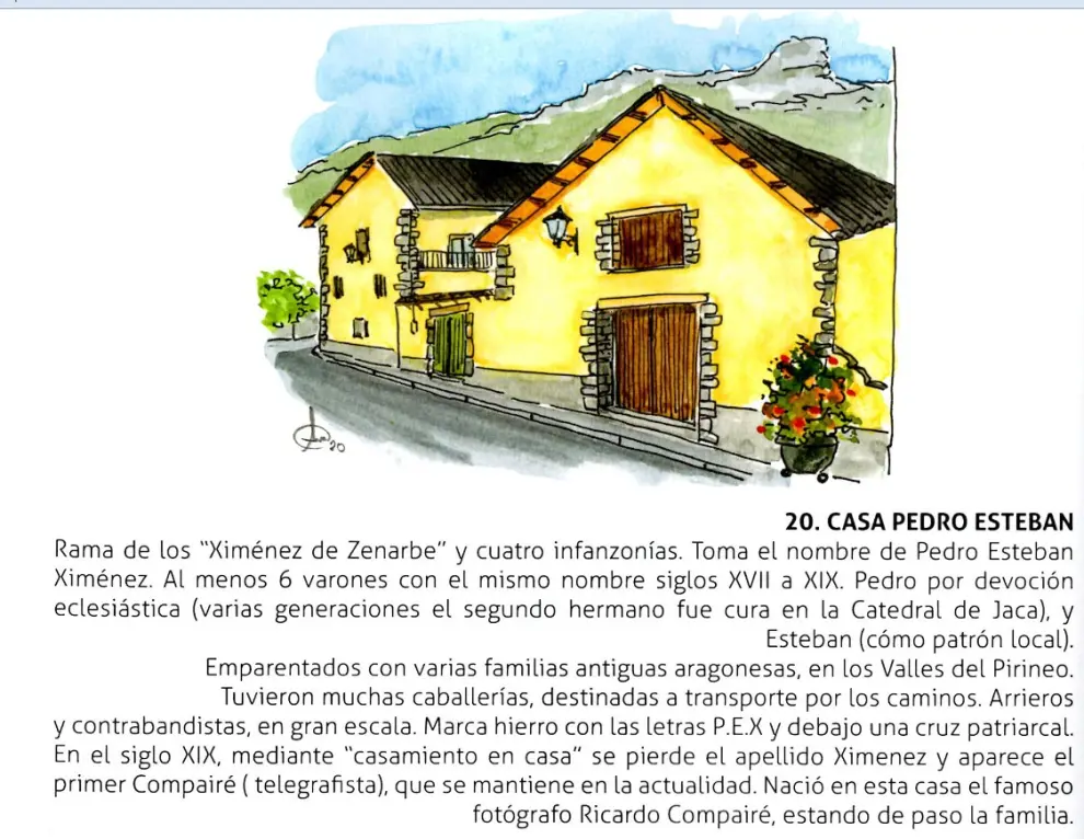 Casas tradicionales de Villanúa dibujadas por Antonio Maestro.