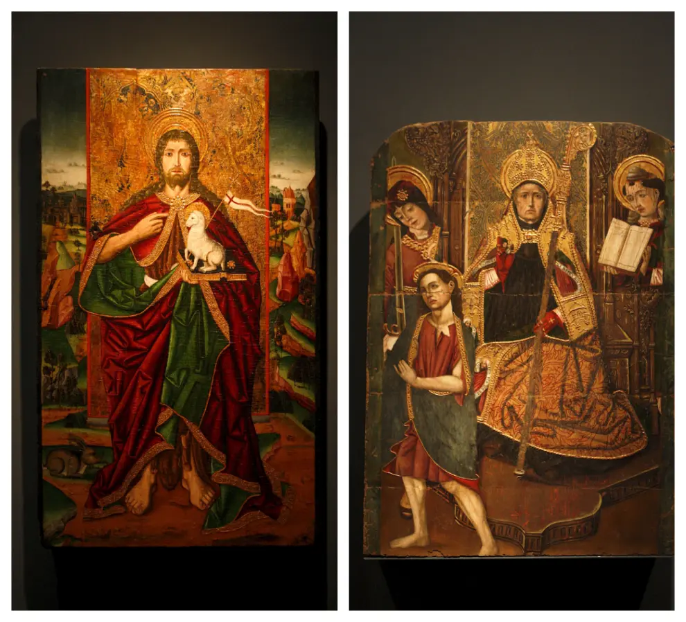 A la izquierda, tabla de San Juan Bautista de Zaidín, valorada en 450.000 €. Es una pintura de Martín Bernat del siglo XV. A la derecha, tabla de San Martín de Lascuarre, de 350.000 euros, una pintura sobre tabla del maestro de Alfajarín del siglo XV.