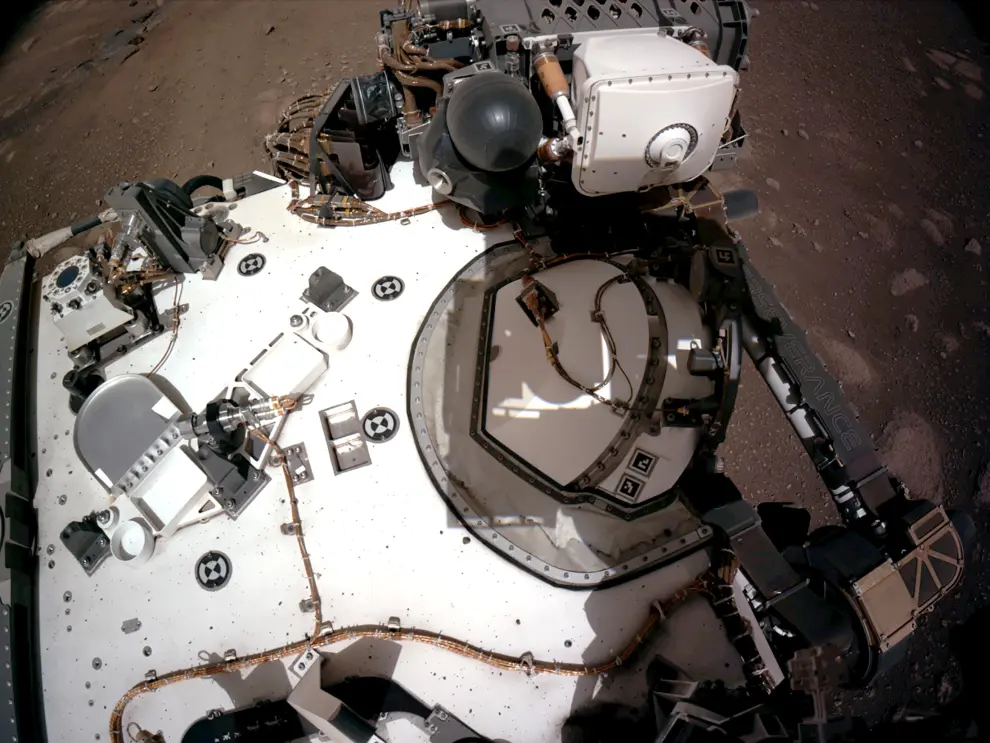 The deck of NASA’s Perseverance Mars rover is seen on Mars