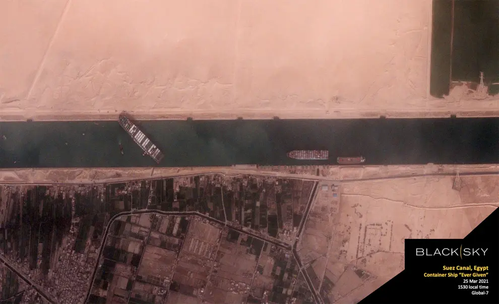 Ever Given container ship blocks Egypt's Suez Canal in a BlackSky satellite image
