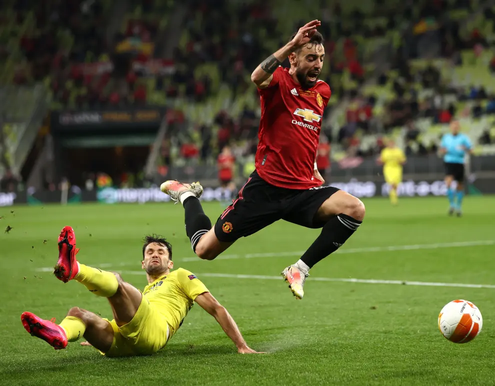 Gdansk (Poland), 26/05/2021.- Bruno Fernandes of Manchester United reacts during the UEFA Europa League final soccer match between Villarreal CF and Manchester United in Gdansk, Poland, 26 May 2021. (Polonia) EFE/EPA/Maja Hitij / POOL Villarreal CF vs Manchester United