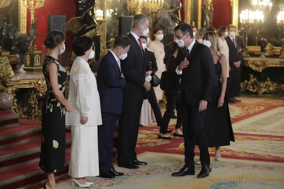 Spanish King Felipe VI,Queen Letizia Ortizduring a gala dinner at the Royal Palace, in Madrid, due to the official trip of Soth Corea President to Spain, in Madrid on Tuesday, 15 June 2021...ACTOS OFICIALES;FAMILIAS REALES..Pool..15/06/2021[[[EP]]]