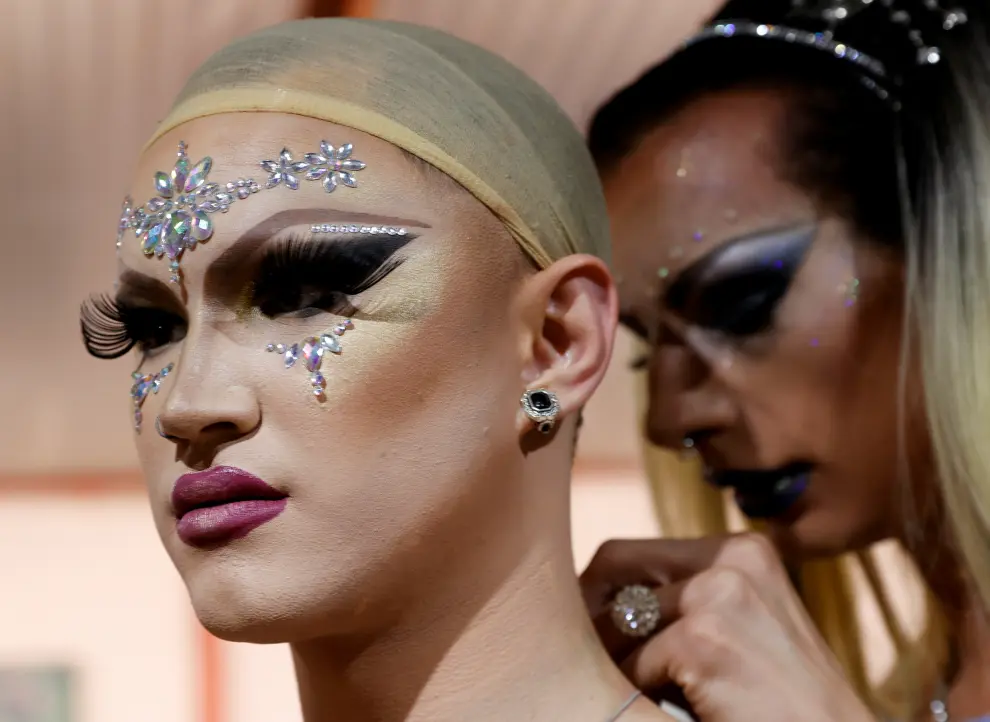 Competitors prepare before the Drag Queen Hungary 2021 beauty contest in Budapest, Hungary, July 3, 2021. REUTERS/Bernadett Szabo[[[REUTERS VOCENTO]]] HUNGARY-LGBT/DRAGQUEEN-CONTEST
