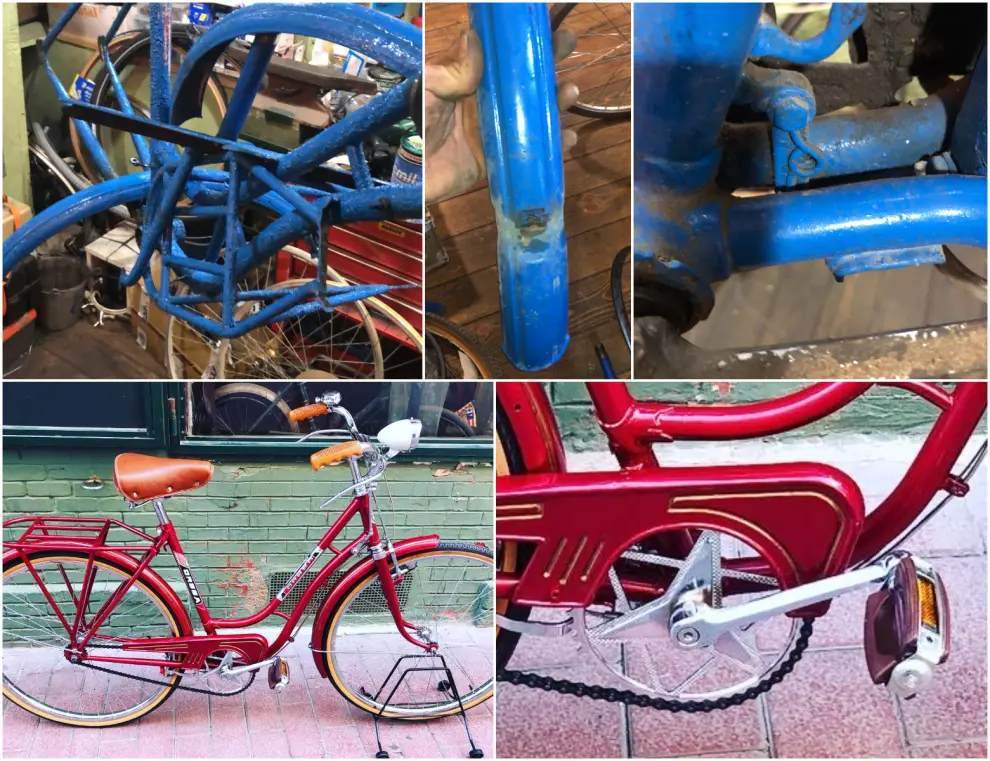 Antes y después de una bicicleta restaurada en Velociclos del Ebro, en Zaragoza.