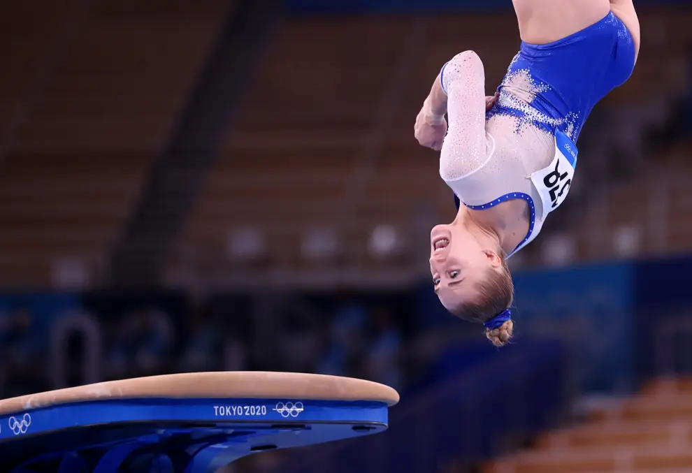 Tokyo 2020 Olympics - Gymnastics - Artistic - Womens Team - Final - Ariake Gymnastics Centre, Tokyo, Japan - July 27, 2021.  Liliia Akhaimova of the Russian Olympic Committee in action on the vault. REUTERS/Lindsey Wasson[[[REUTERS VOCENTO]]] OLYMPICS-2020-GAR/W-TEAM-FNL