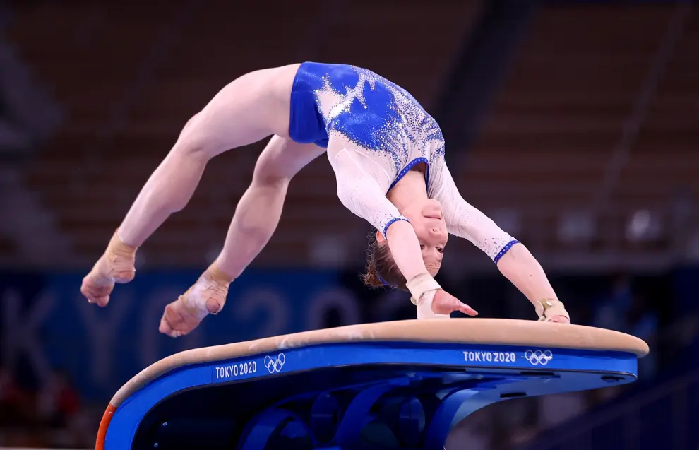 Tokyo 2020 Olympics - Gymnastics - Artistic - Womens Team - Final - Ariake Gymnastics Centre, Tokyo, Japan - July 27, 2021.  Grace McCallum of the United States in action on the vault. REUTERS/Lindsey Wasson[[[REUTERS VOCENTO]]] OLYMPICS-2020-GAR/W-TEAM-FNL