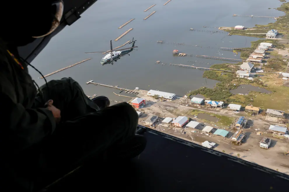 U.S. President Biden, aboard the Marine One helicopter, inspects the damage from Hurricane Ida on an aerial tour of communities in Laffite, Grand Isle, Port Fourchon and Lafourche Parish, Louisiana