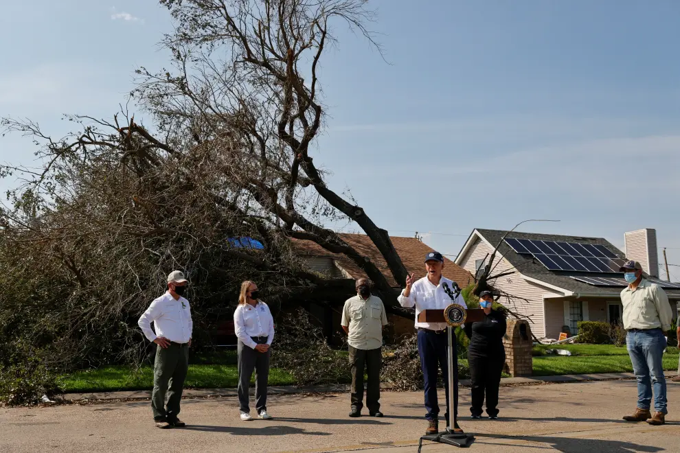 U.S. President Joe Biden delivers remarks after touring a neighborhood hit by Hurricane Ida in LaPlace, Louisiana