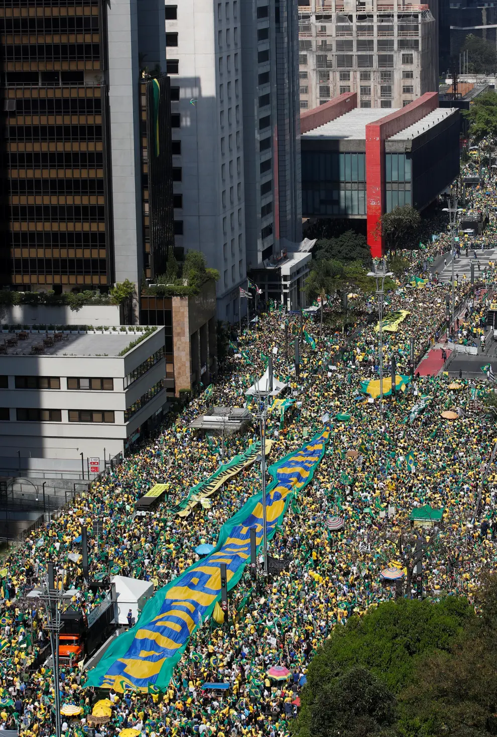 Supporters of Brazilian President Bolsonaro gather to back the far-right leader in his dispute with the Supreme Court, in Sao Paulo