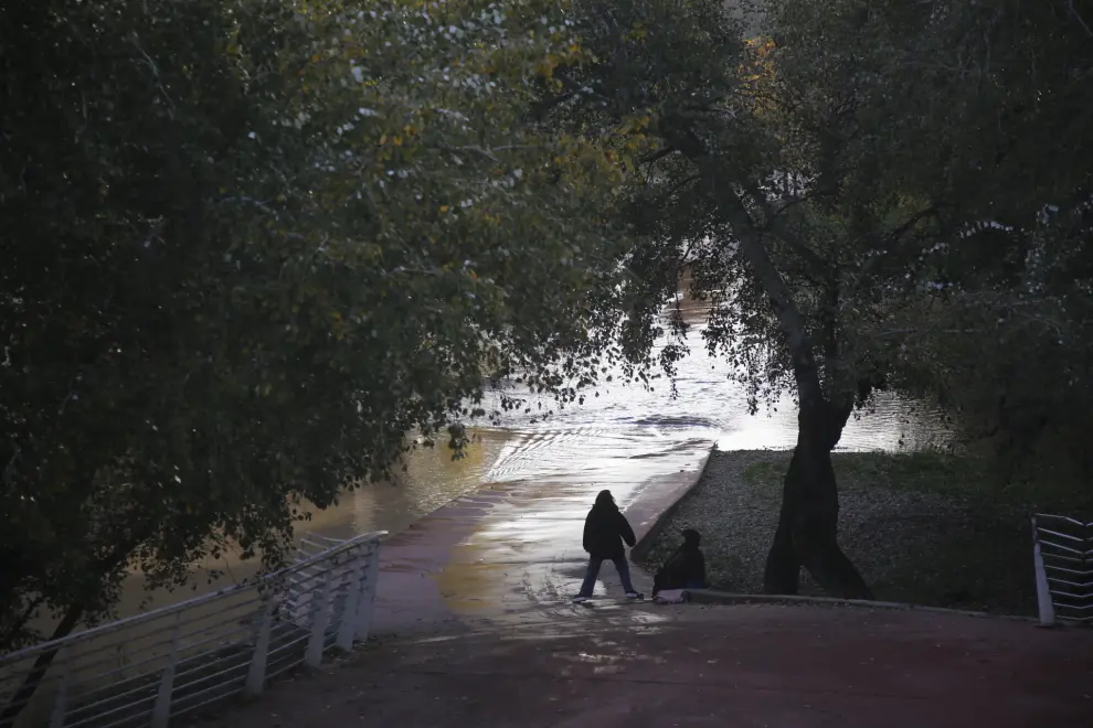 Las fuertes lluvias y nevadas de los últimos días han provocado que el río Ebro presente un elevado caudal a su paso por Zaragoza.