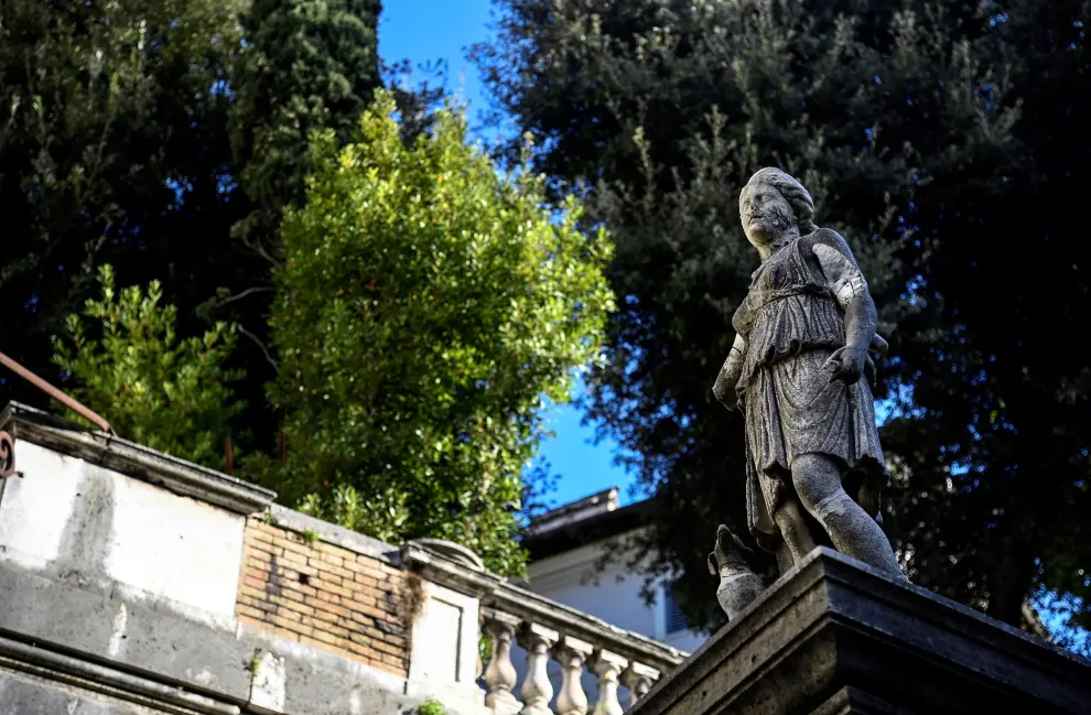 Rome (Italy), 18/01/2022.- A statue at the entrance of the Casino dell'Aurora at the premises of the Villa Boncompagni Ludovisi, in Rome, Italy, 18 January 2022. The 16th century Roman villa, the only known with a mural by Italian master Caravaggio, is auctioned and expected to fetch an estimated price of some 471 million euros (about 533 million US dollars). A petition of some 35,000 people has called on the Italian government to use 'its preemptive right' to preserve the villa as a national heritage for the public. (Italia, Roma) EFE/EPA/RICCARDO ANTIMIANI
 ITALY AUCTION ROMAN VILLA