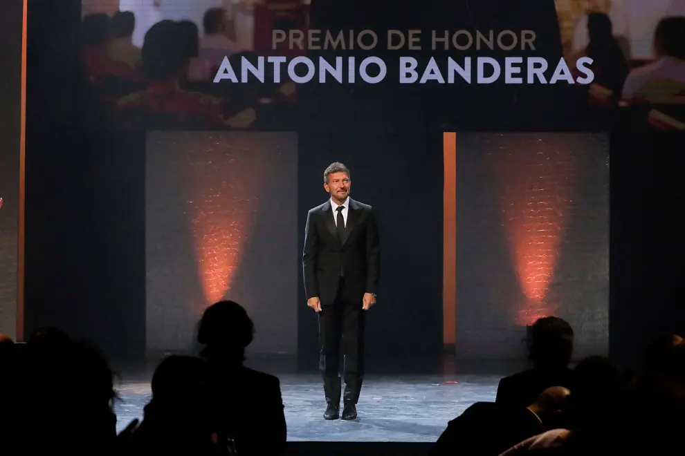 Spanish actor Antonio Banderas receives the Carmen de Honor Award for Lifetime Achievement during the Andalusian Film Academy's Carmen Awards at Cervantes Theatre in Malaga, Spain, January 30, 2022. REUTERS/Jon Nazca SPAIN-ENTERTAINMENT/BANDERAS