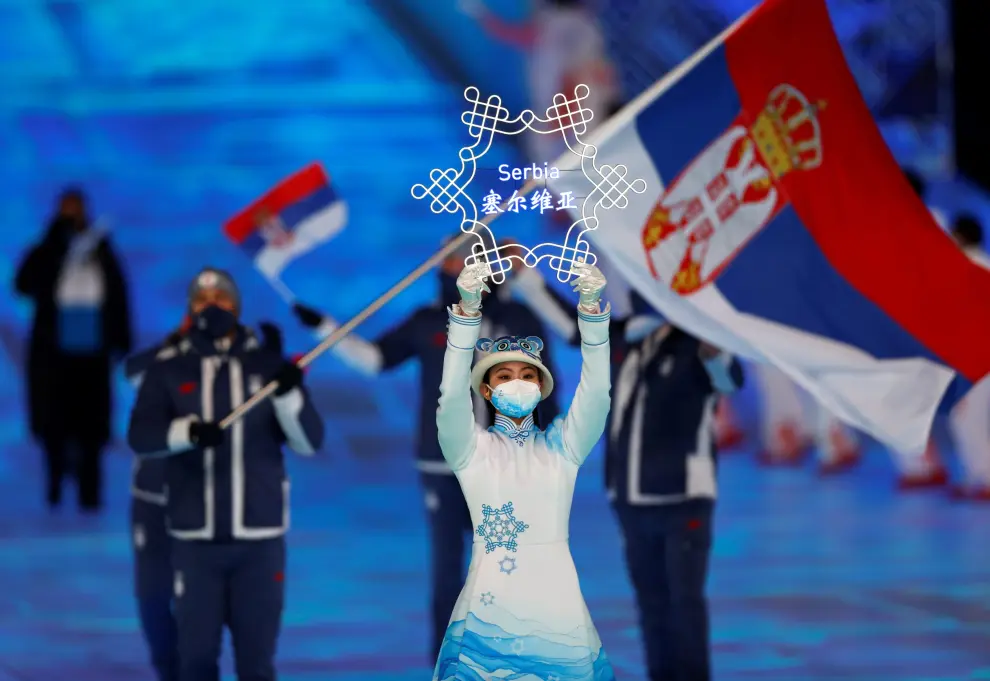 Beijing (China), 04/02/2022.- Athletes of Serbia arrive for the Opening Ceremony of the Beijing 2022 Olympic Games at the National Stadium, also known as Bird's Nest, in Beijing China, 04 February 2022. EFE/EPA/ROMAN PILIPEY
 CHINA BEIJING 2022 OLYMPIC GAMES