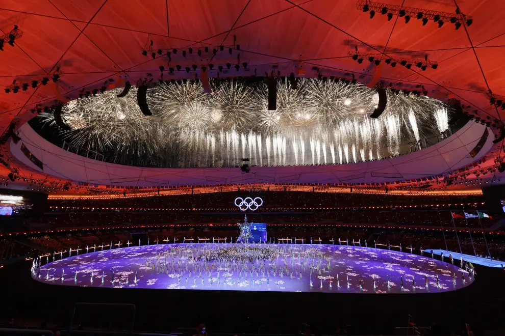 2022 Beijing Olympics - Closing Ceremony - National Stadium, Beijing, China - February 20, 2022. The Olympic Rings are displayed in the stands during the closing ceremony. REUTERS/Kim Hong-Ji OLYMPICS-2022-CLOSING/
