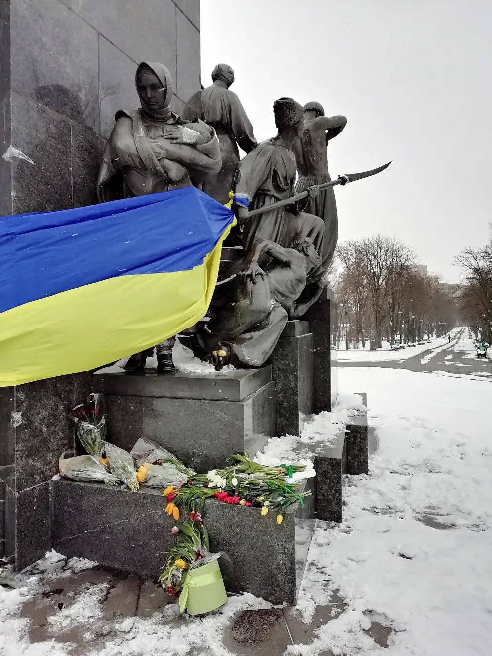 La bandera ucraniano cubre el monumento de Shevchenko en Járkov.