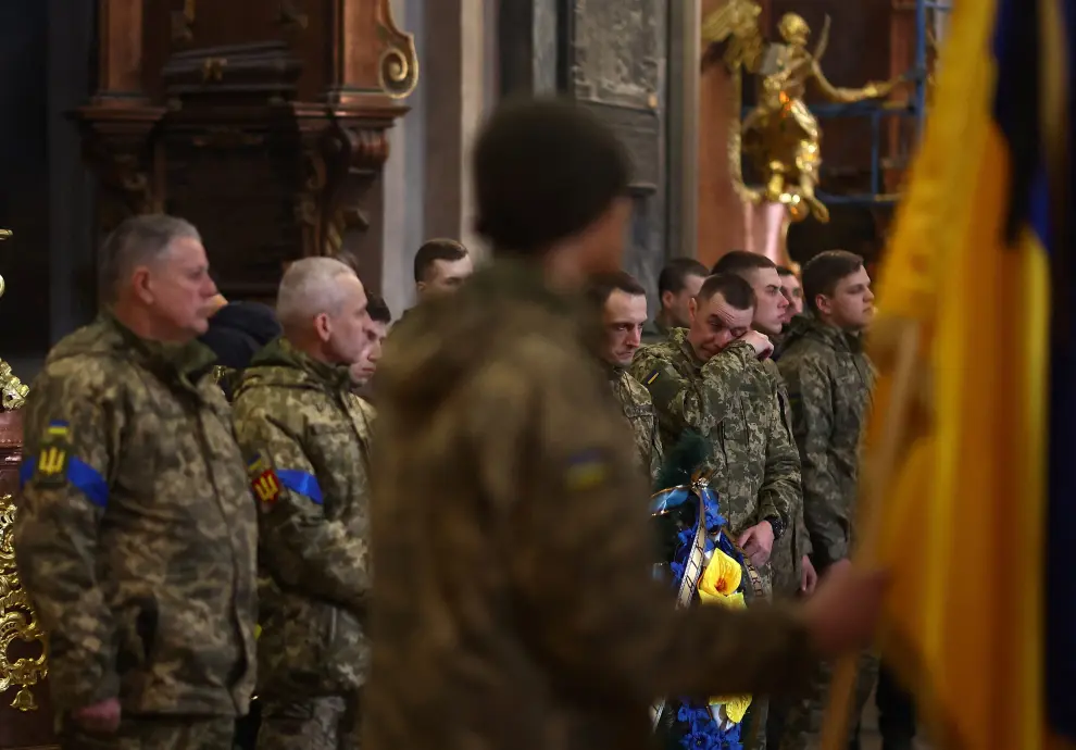 Funeral de un soldado ucraniano caído en Leópolis.