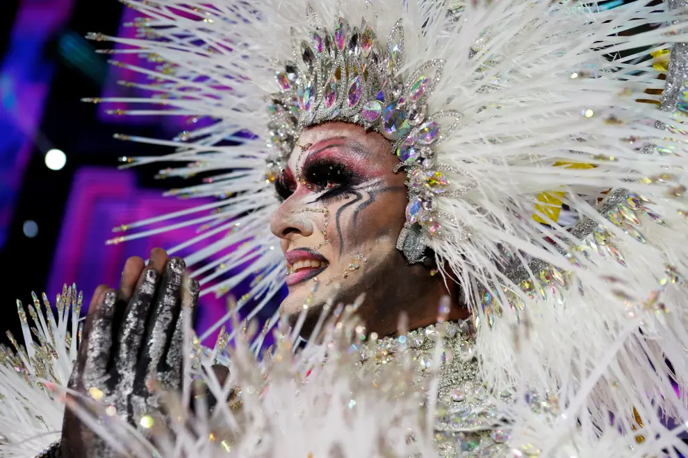 A participant named Drag Vulcano reacts after winning a drag queen competition during carnival festivities in Las Palmas on the Spanish Canary Island of Gran Canaria, Spain March 19, 2022. REUTERS/Borja Suarez SPAIN-CARNIVAL/