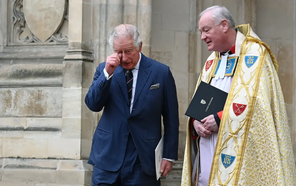 London (United Kingdom), 29/03/2022.- Britain's Prince Charles departs Westminster Abbey following the Service of Thanksgiving for the life of Prince Philip, the late Duke of Edinburgh at Westminster Abbey, London, Britain 29 March 2022. The Duke of Edinburgh, who died in April 2021, had a long association with Westminster Abbey, including his own marriage to the then Princess Elizabeth there in 1947. (Reino Unido, Edimburgo, Londres) EFE/EPA/ANDY RAIN
 BRITAIN ROYALTY