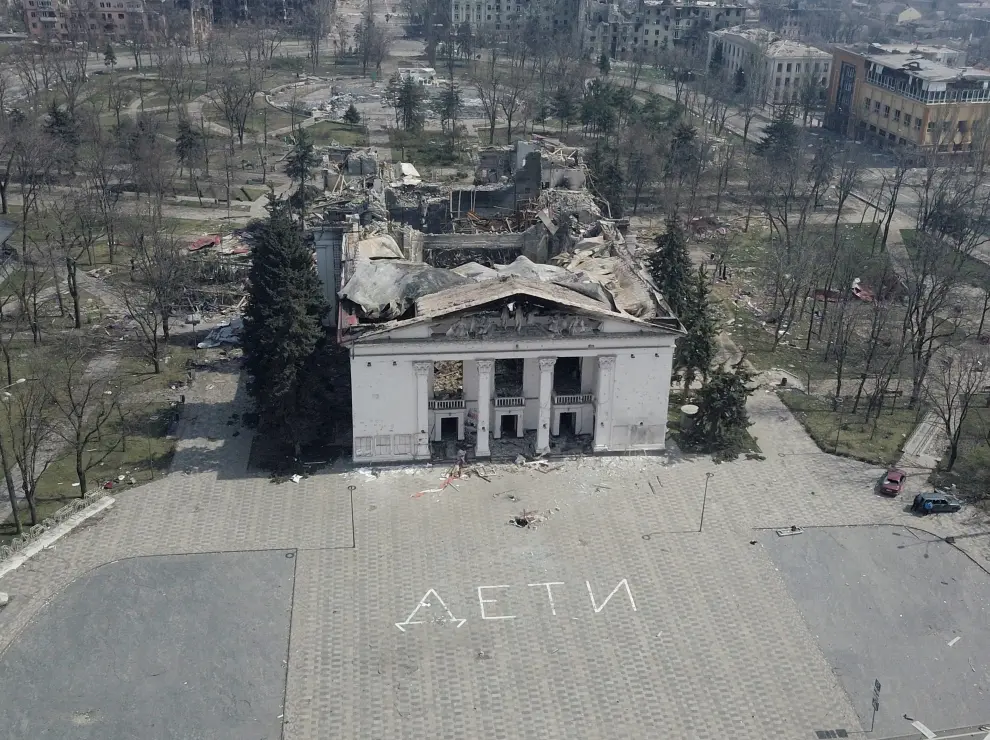 A view shows the building of a theatre destroyed in the course of Ukraine-Russia conflict in the southern port city of Mariupol, Ukraine April 10, 2022.  Picture taken with a drone. REUTERS/Pavel Klimov UKRAINE-CRISIS/MARIUPOL
